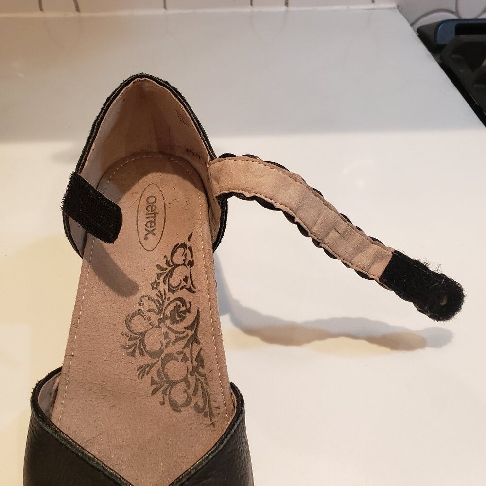 Aetrex Black Leather Braided Strap Mary Jane Wedge Comfort Shoes - Picture 13 of 15